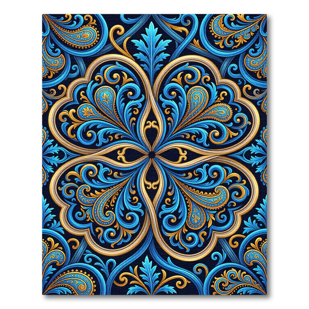 Ornate Azure Gold Swirl Damask Rug
