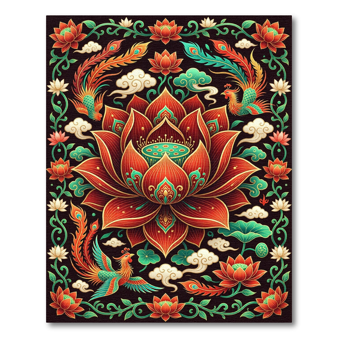 Vibrant Phoenix Lotus Red Floral Medallion Rug