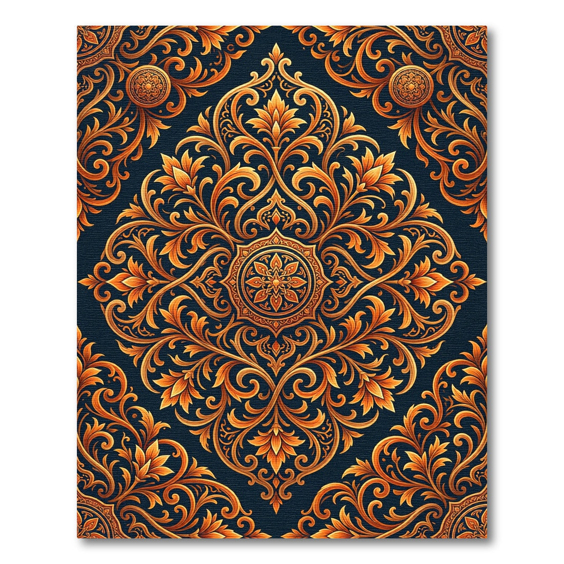 Ornate Amber Foliage Scroll Medallion Rug