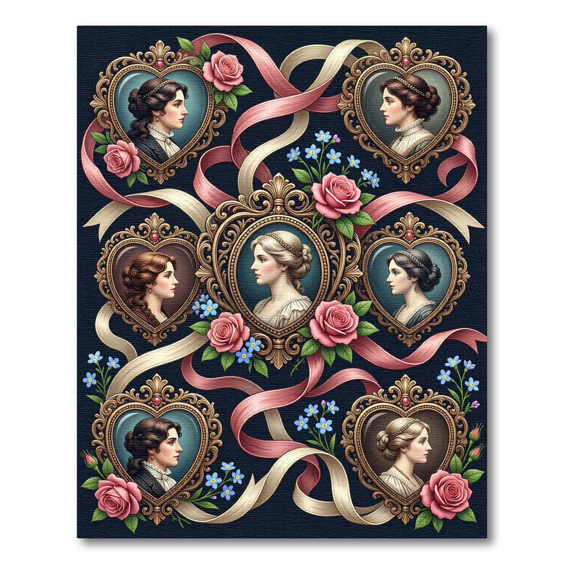 Victorian Portraits Pink Roses Ribbons Rug