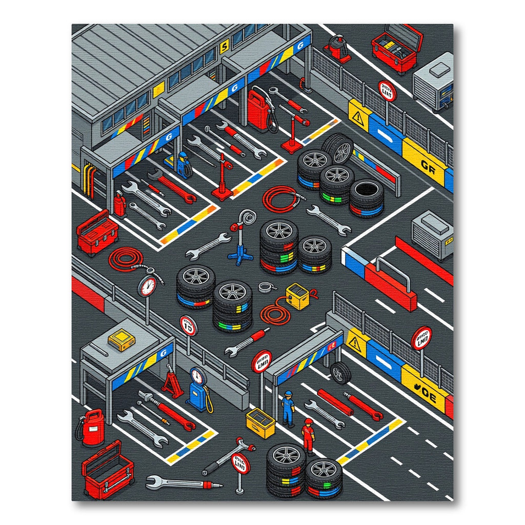 Isometric Racing Pit Crew Tool Grid Rug