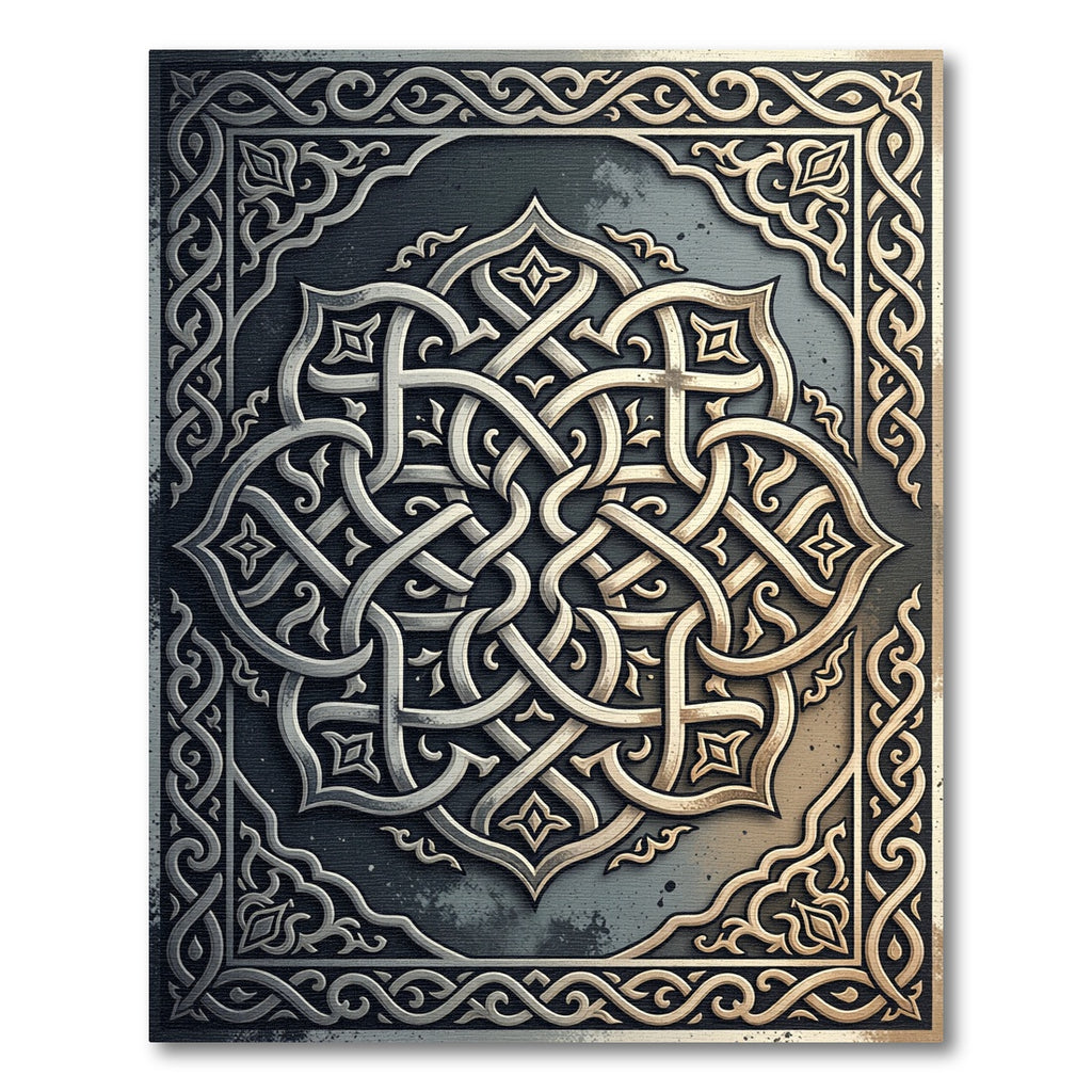 Intricate Metallic Silver Gold Interlocking Knot Rug