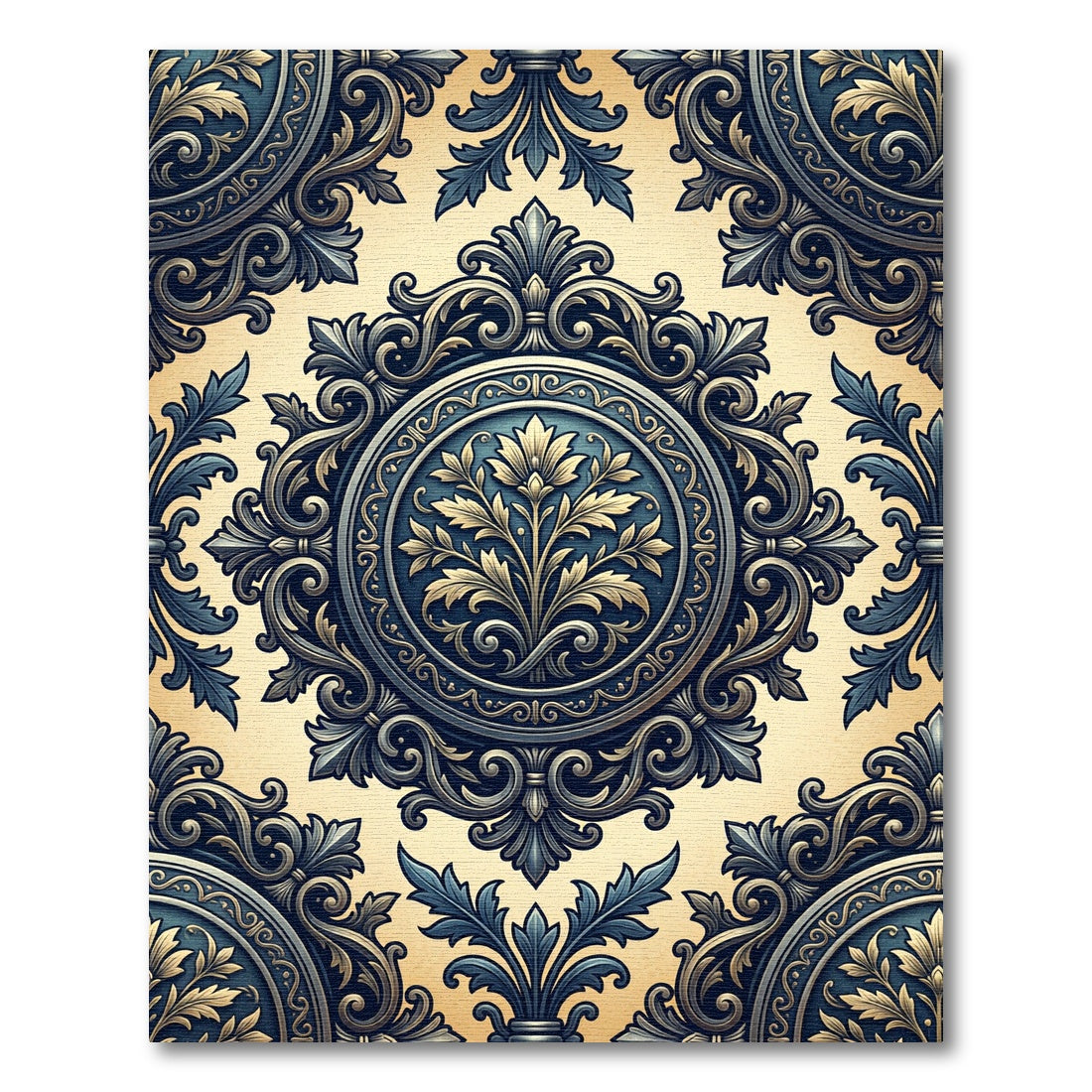 Antique Blue Golden Botanical Medallion Rug