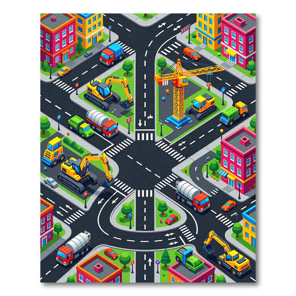 Isometric City Street Construction Play Rug
