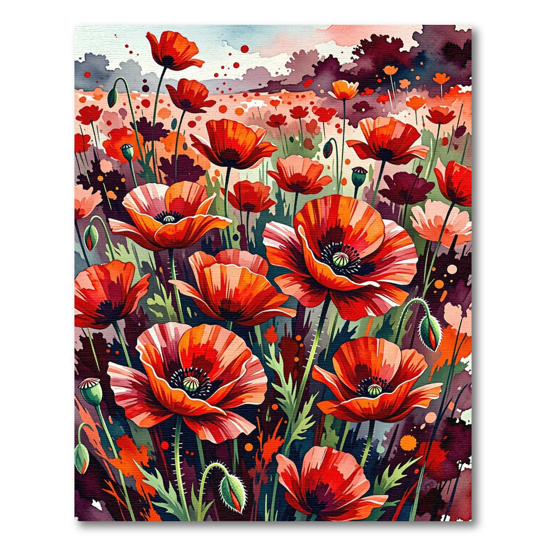 Vibrant Watercolor Red Poppy Field Rug