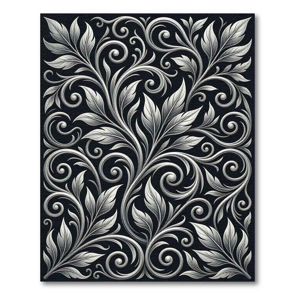 Ornate White Floral Scrollwork Swirls Rug