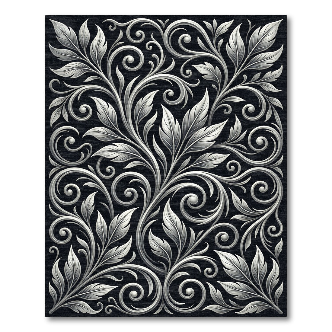 Ornate White Floral Scrollwork Swirls Rug