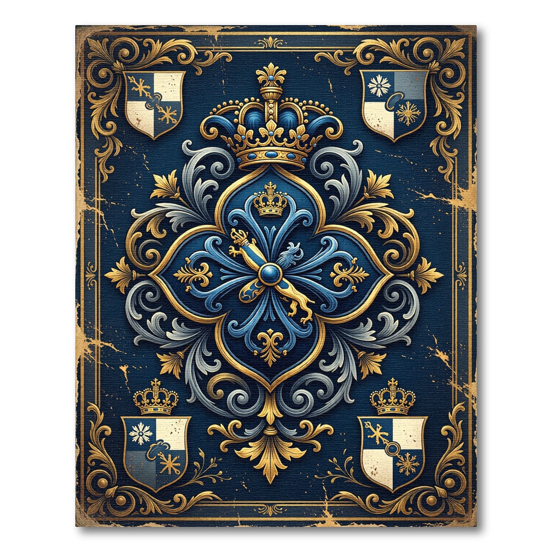 Royal Blue Gold Ornate Regal Crest Rug