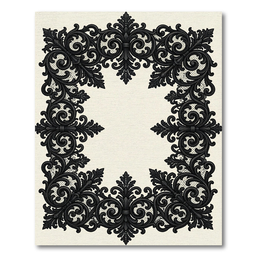 Elegant Black Ornate Baroque Border Rug