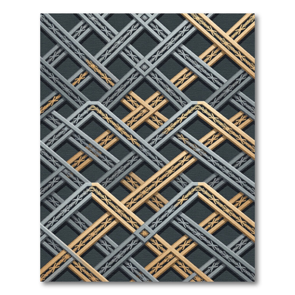 Sophisticated Gold and Silver Geometric Lattice Rug
