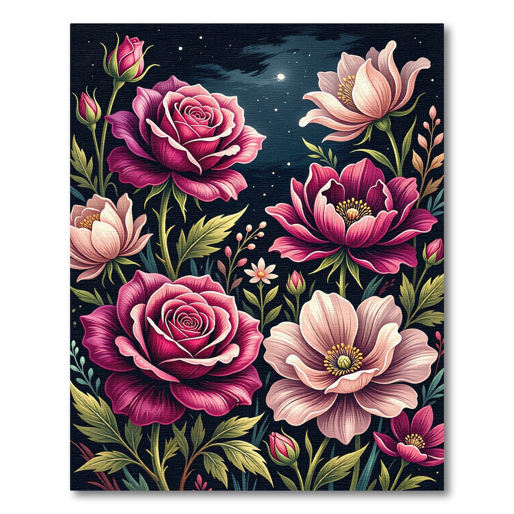 Midnight Magenta Rose Floral Garden Rug