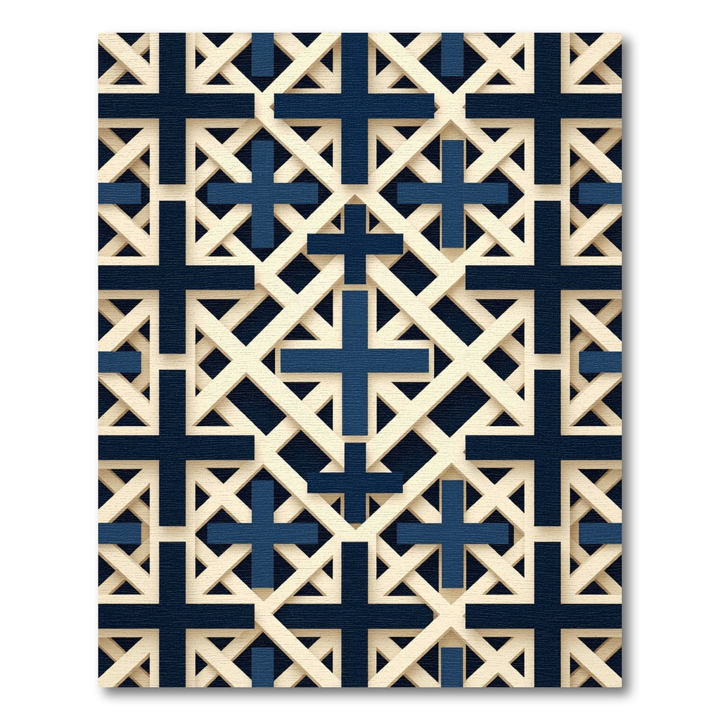 Navy and Cream Geometric Cross Grid Rug