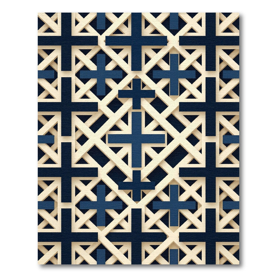 Navy and Cream Geometric Cross Grid Rug