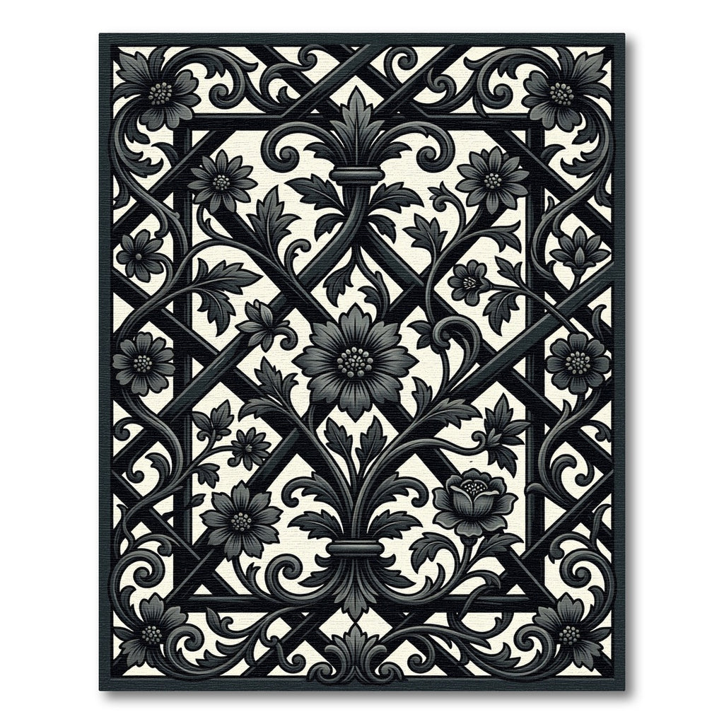 Elegant Black Floral Trellis Ironwork Rug