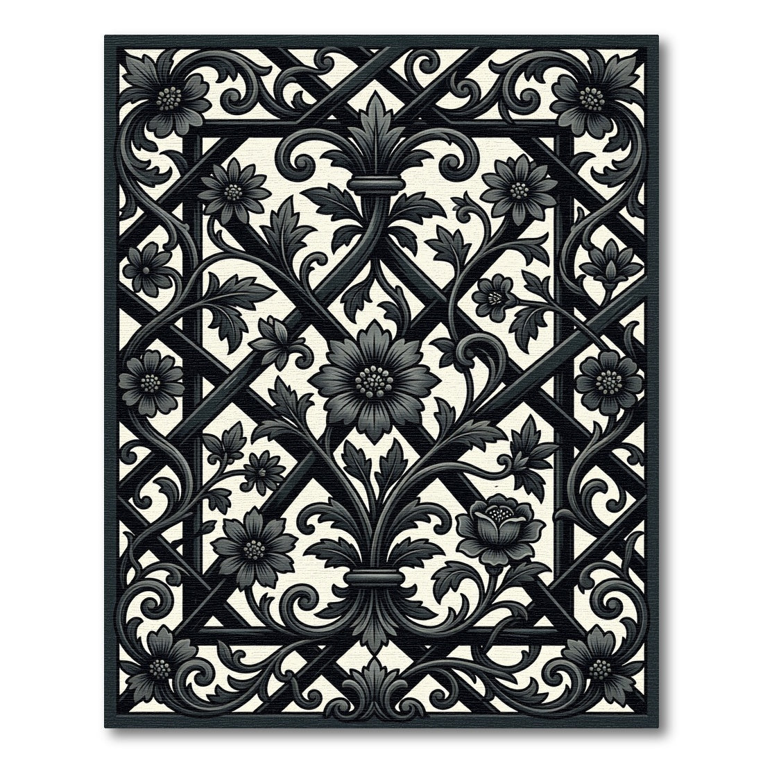 Elegant Black Floral Trellis Ironwork Rug