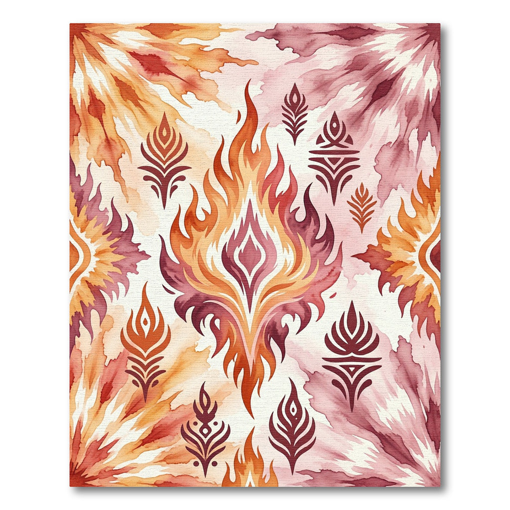 Vibrant Watercolor Flame Medallion Abstract Rug