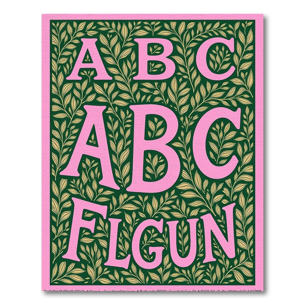 Pink Botanical Alphabet Green Rug