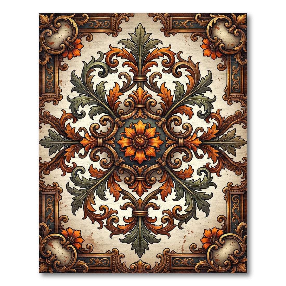 Ornate Golden Amber Acanthus Scroll Tapestry Rug