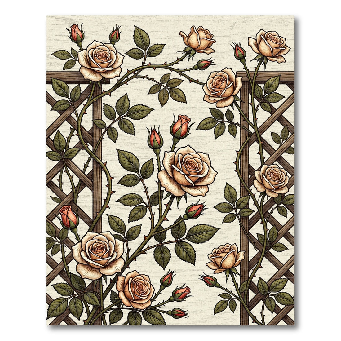 Vintage Cream Rose Trellis Botanical Rug