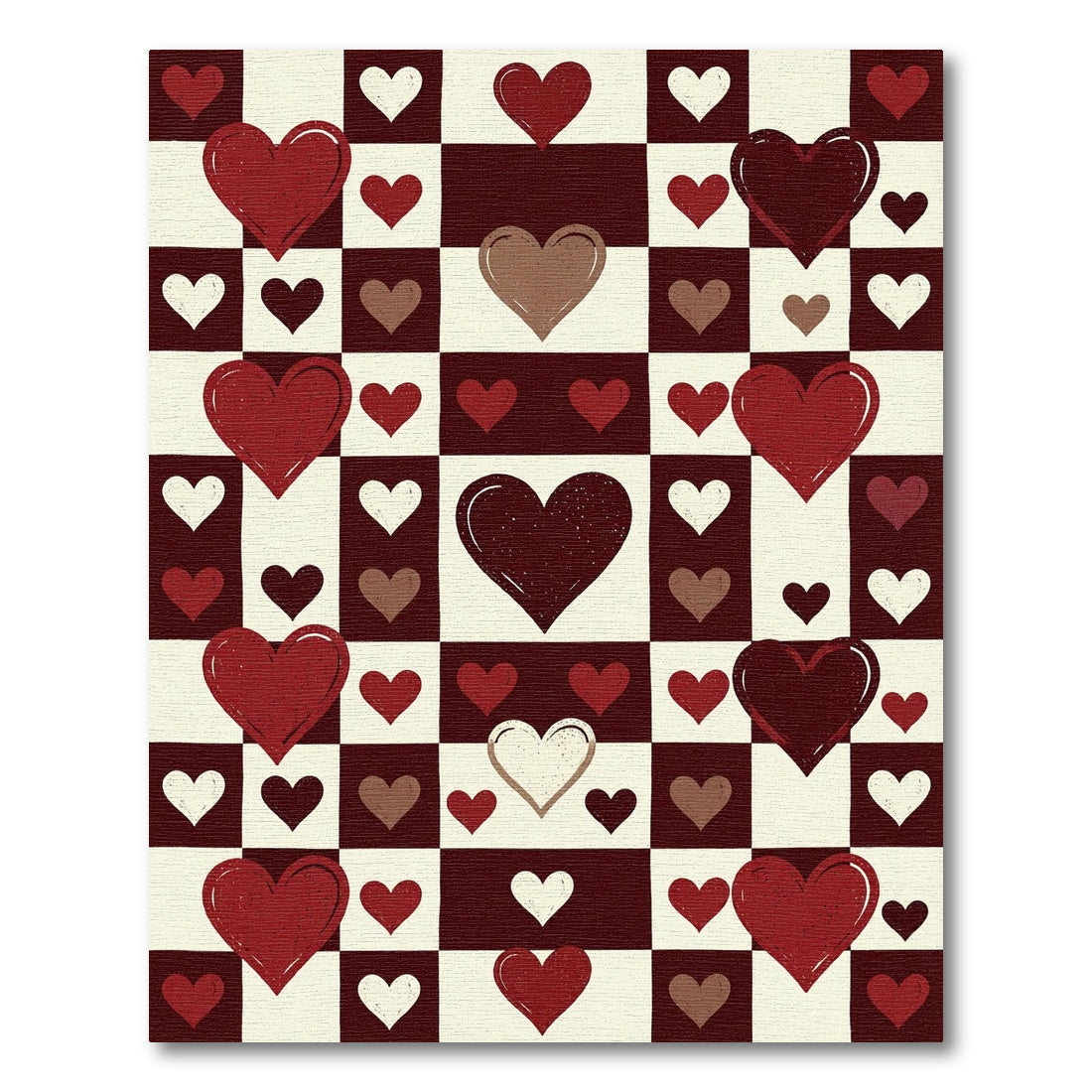 Red White Dark Brown Heart Checkerboard Rug