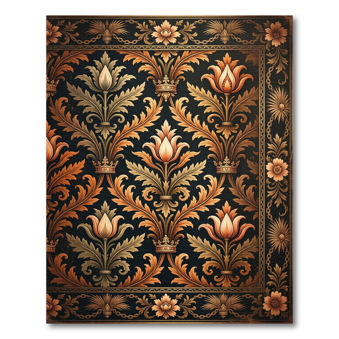 Gilded Floral Crown Damask Black Rug