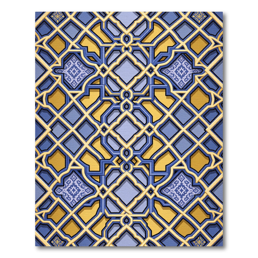 Golden Azure Geometric Lattice Interlocking Tile Rug