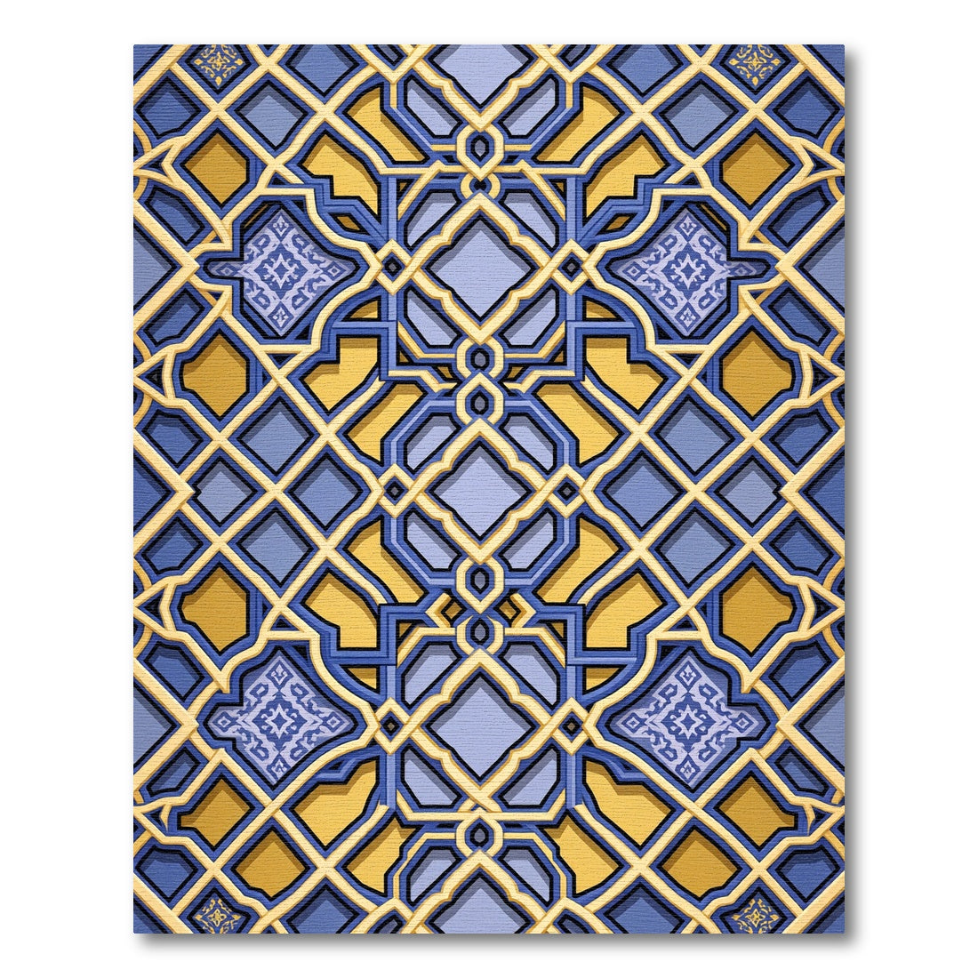 Golden Azure Geometric Lattice Interlocking Tile Rug