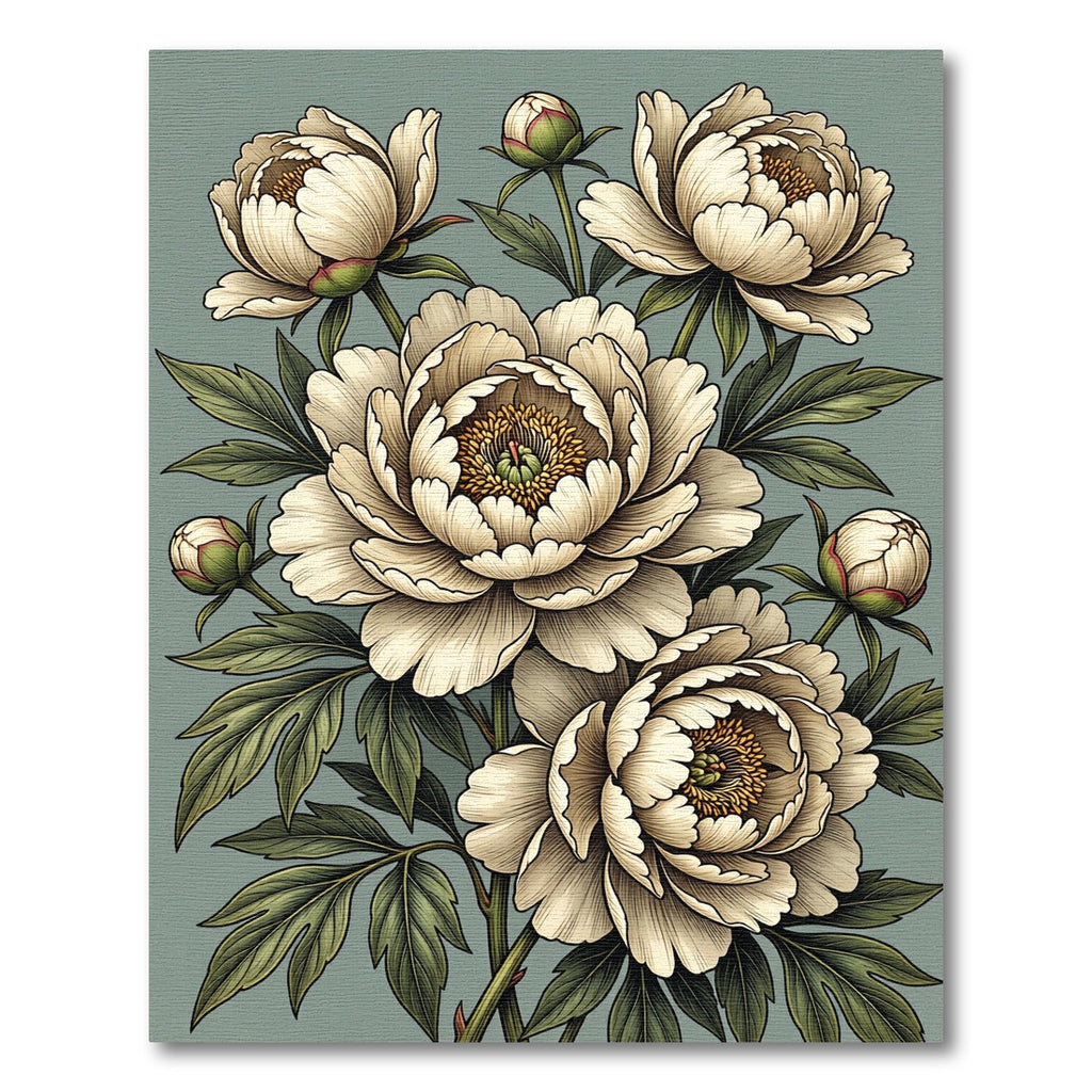 Sage Green Peony Botanical Illustration Rug