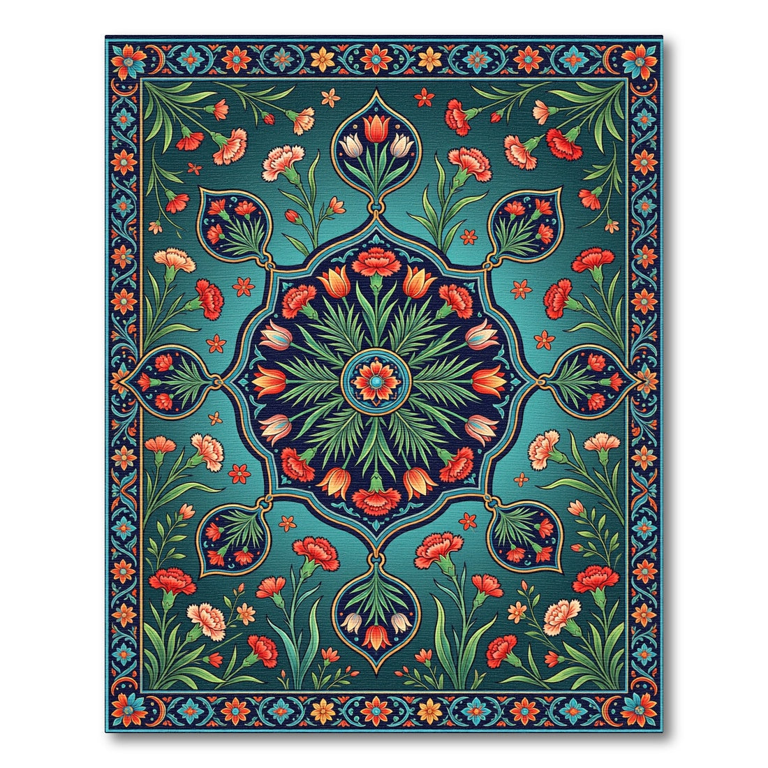 Teal Floral Medallion Carnation Garden Rug