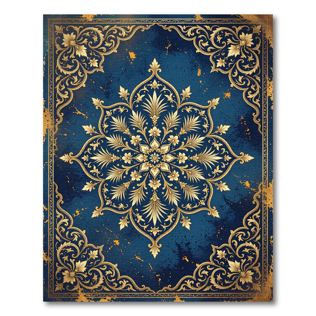 Ornate Gold Floral Medallion Navy Rug