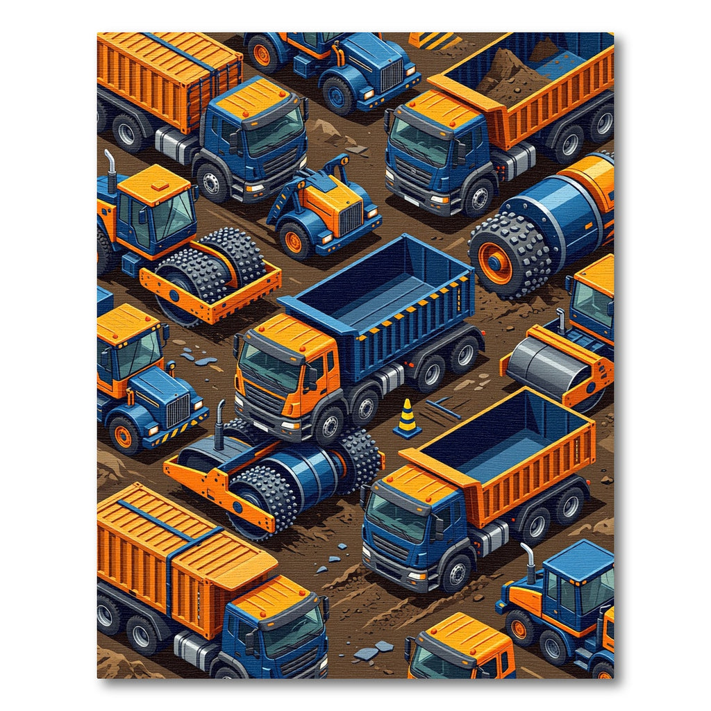 Isometric Orange Blue Construction Vehicle Grid Rug