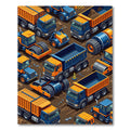 Isometric Orange Blue Construction Vehicle Grid Rug
