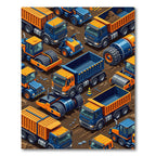 Isometric Orange Blue Construction Vehicle Grid Rug