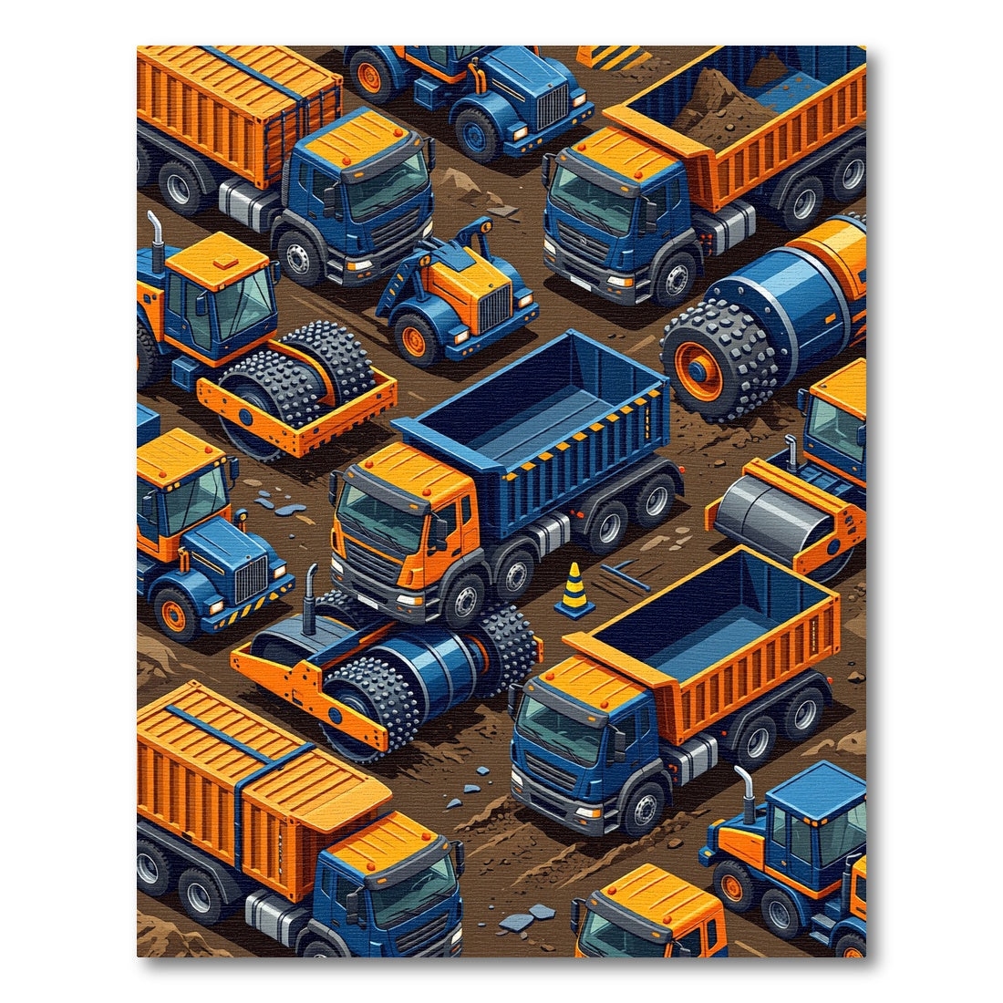Isometric Orange Blue Construction Vehicle Grid Rug