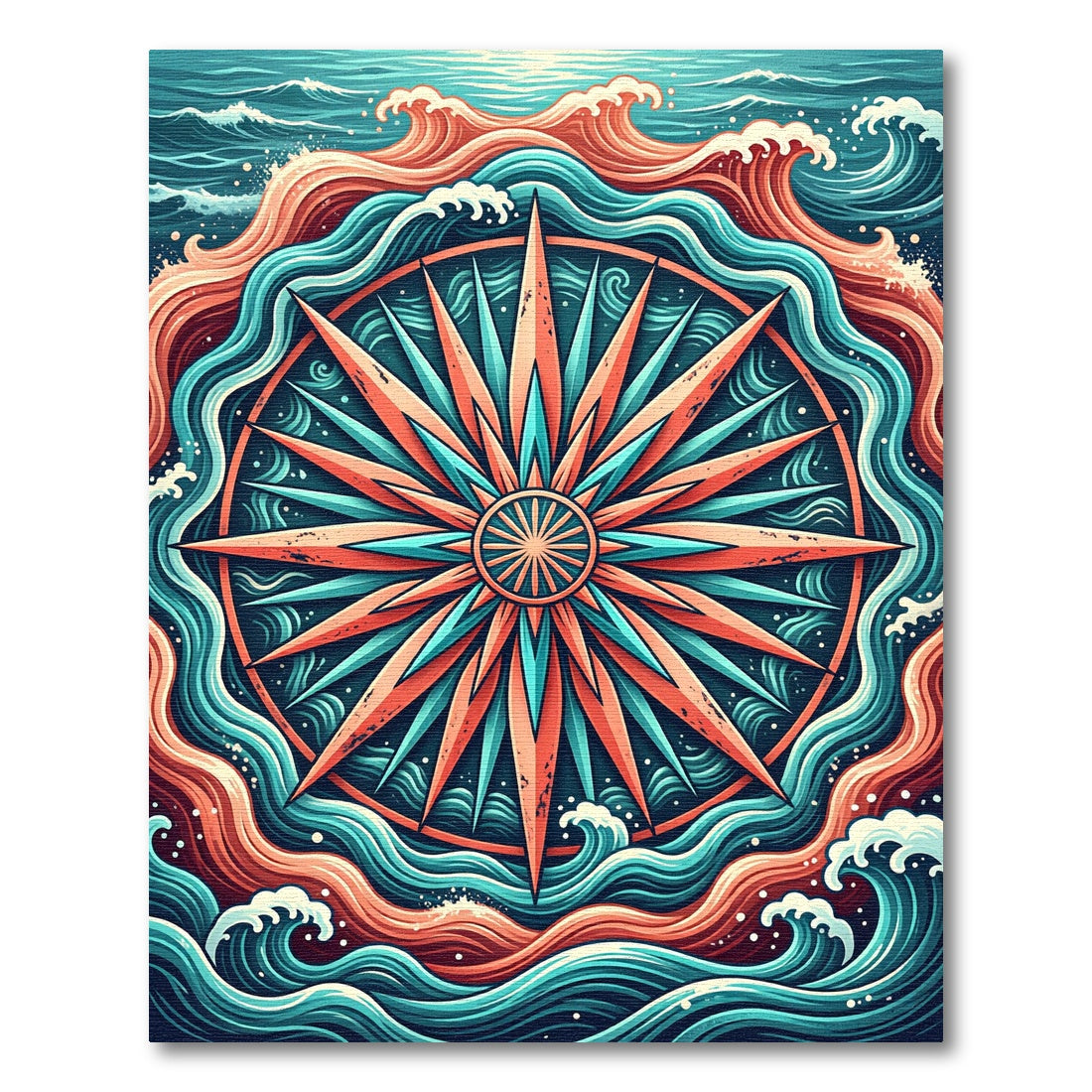 Vibrant Teal and Coral Nautical Compass Rug