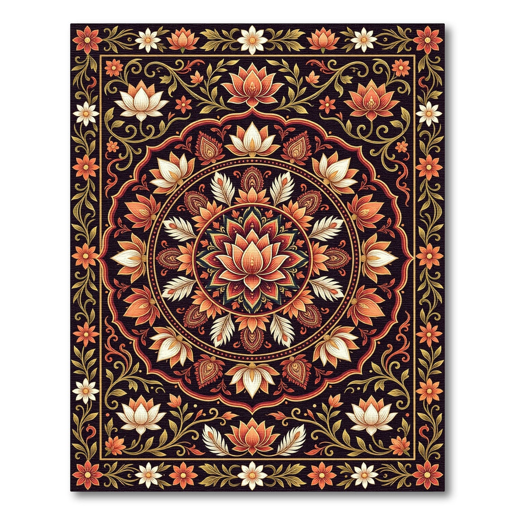 Intricate Orange Crimson Lotus Mandala Rug