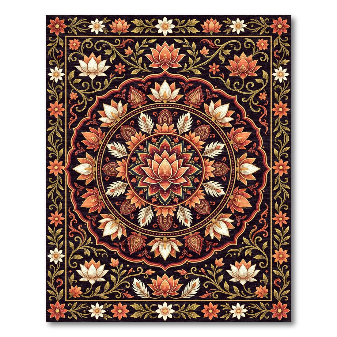 Intricate Orange Crimson Lotus Mandala Rug