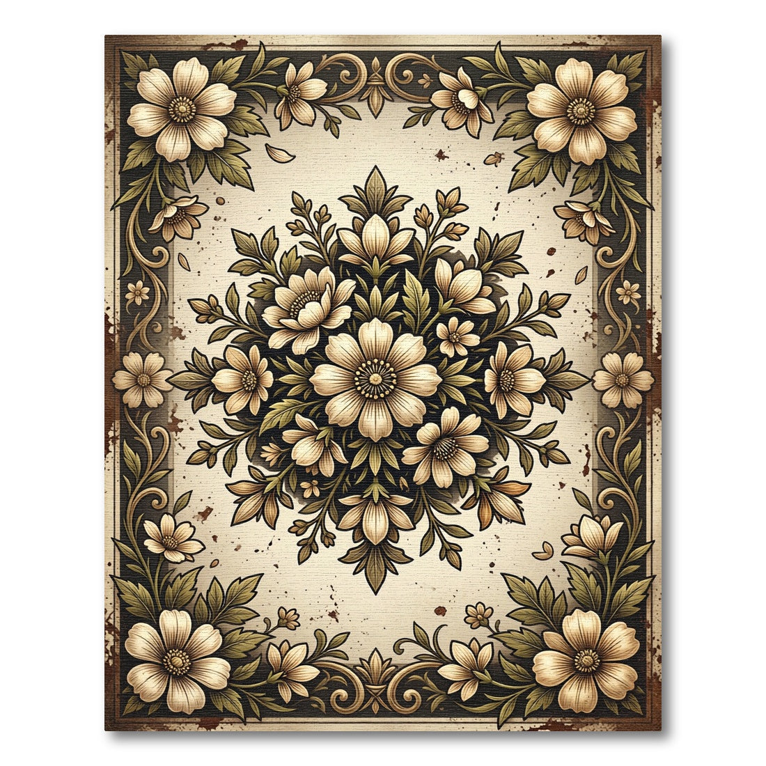 Vintage Cream Floral Medallion Illustration Rug