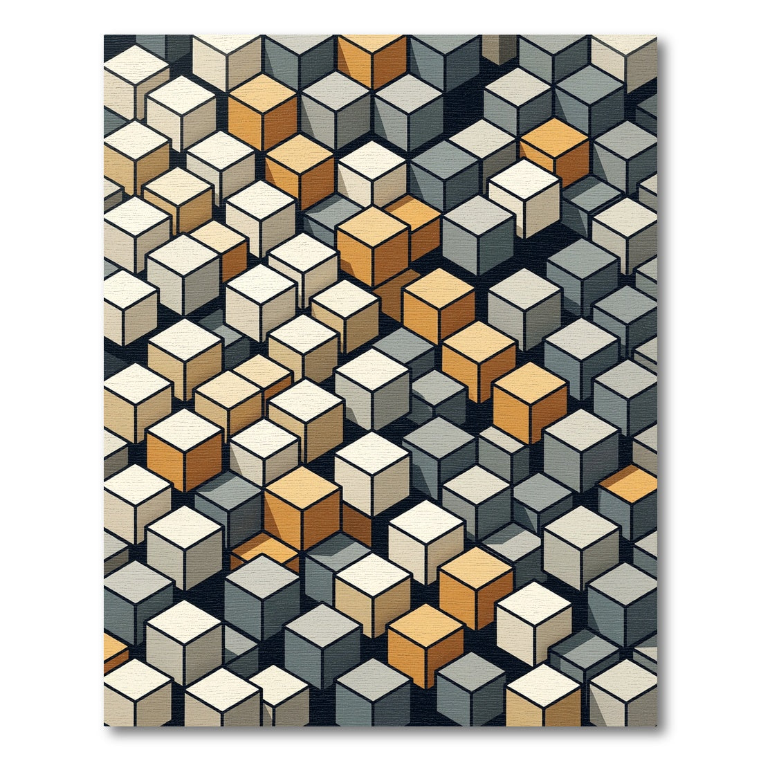 Geometric Cubes Ochre Gray Cream Rug