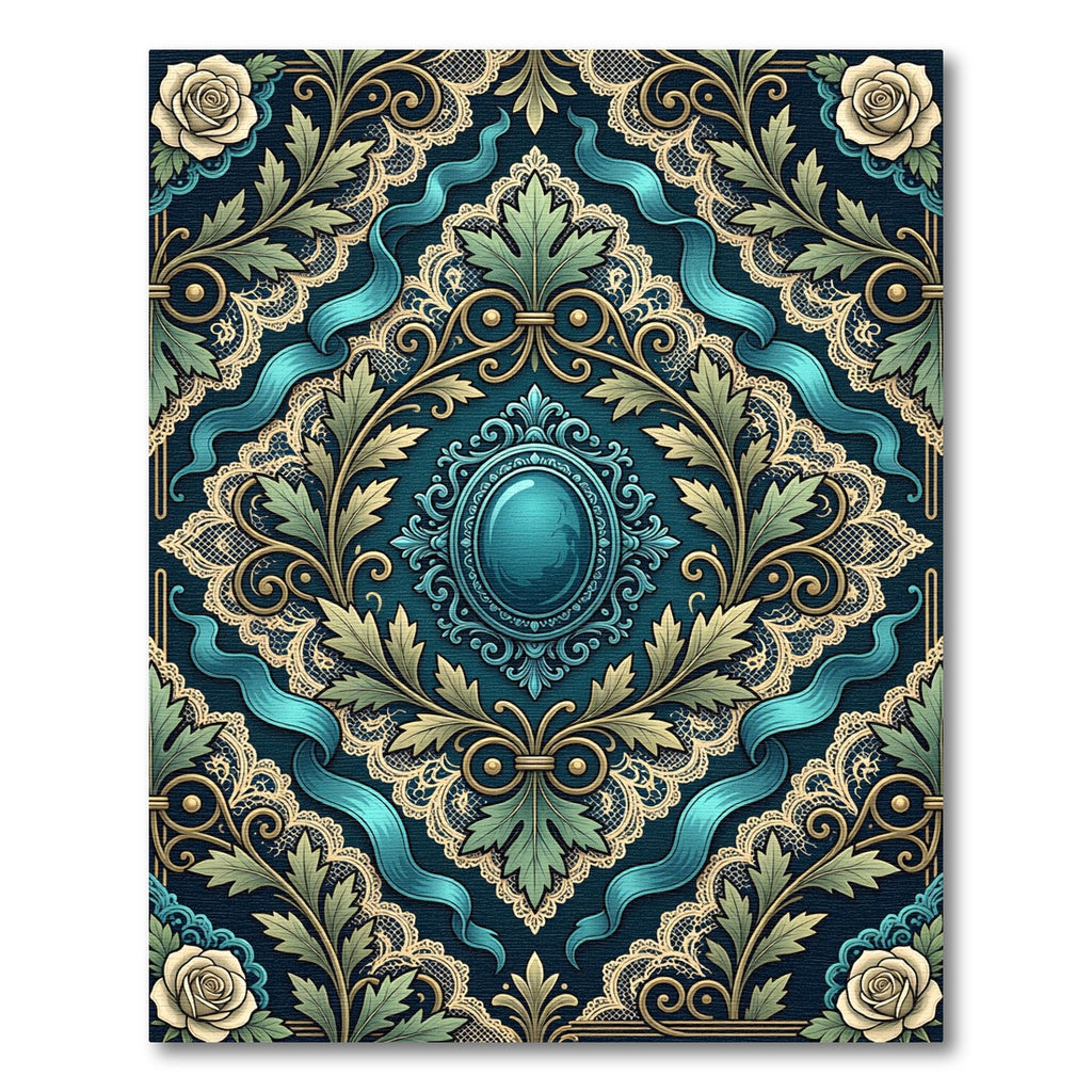 Ornate Teal Victorian Rose Damask Rug
