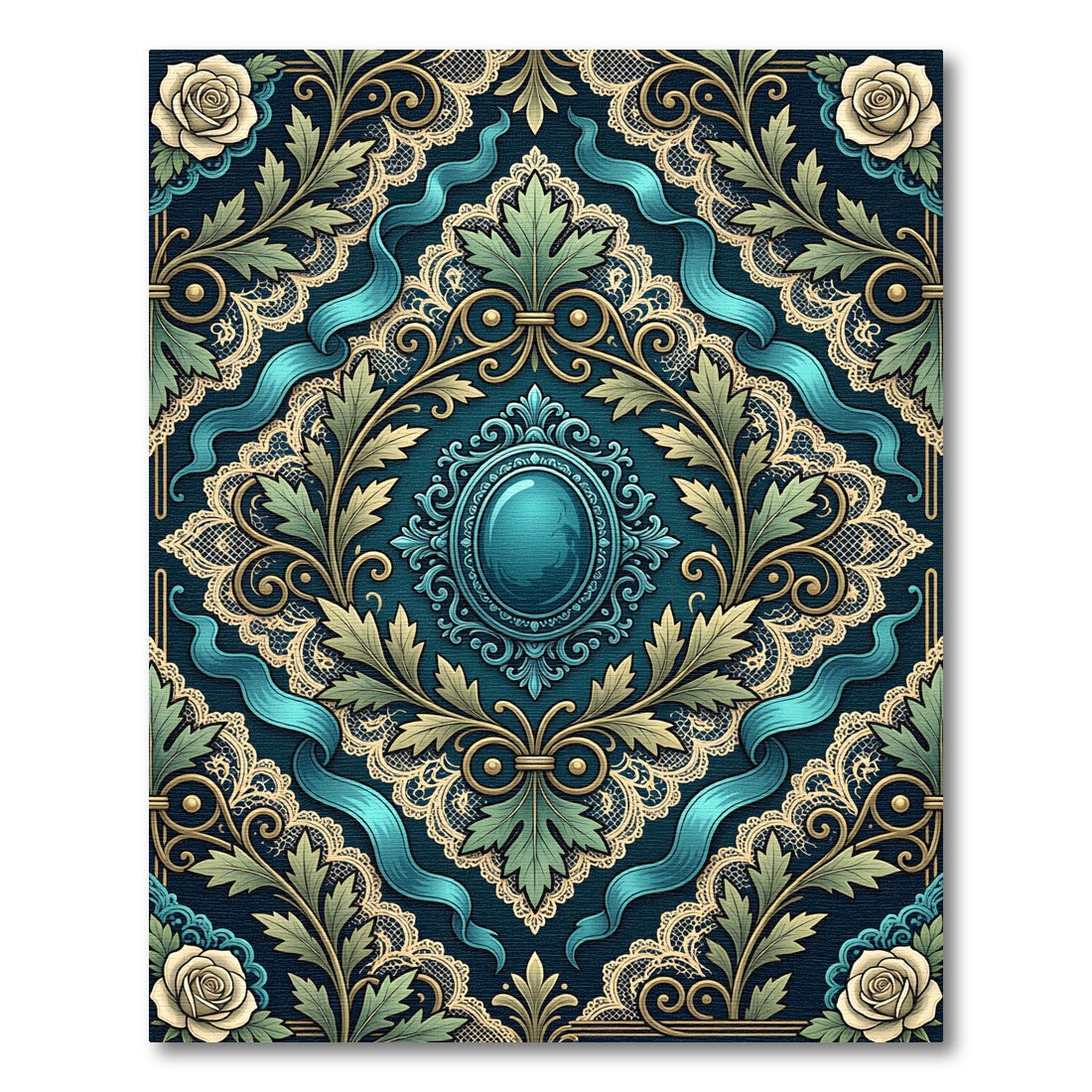 Ornate Teal Victorian Rose Damask Rug