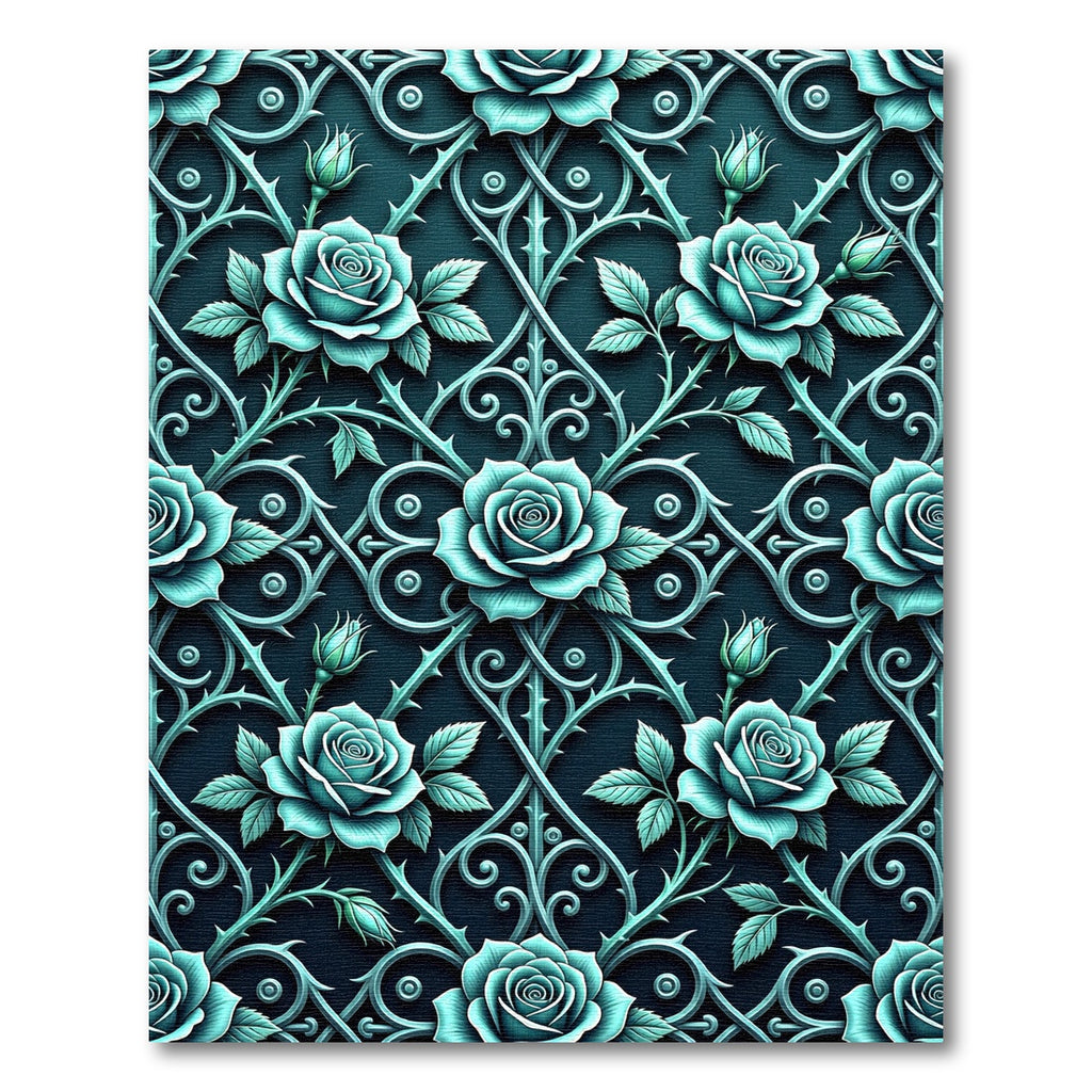 Gothic Teal Rose Trellis Ironwork Rug