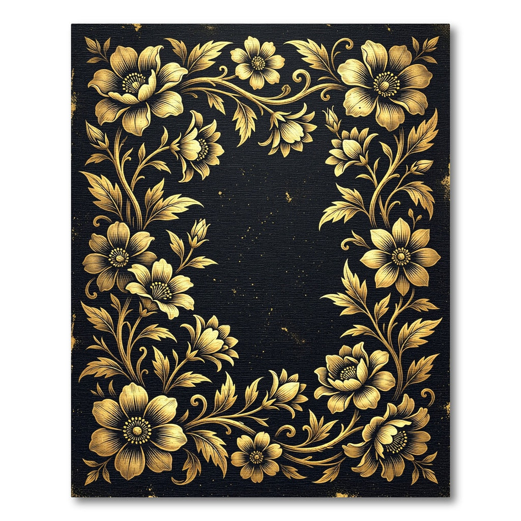 Elegant Golden Floral Flourish Black Frame Rug