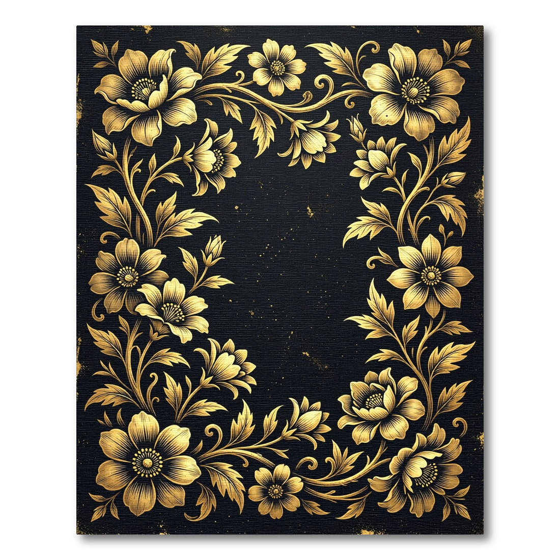 Elegant Golden Floral Flourish Black Frame Rug