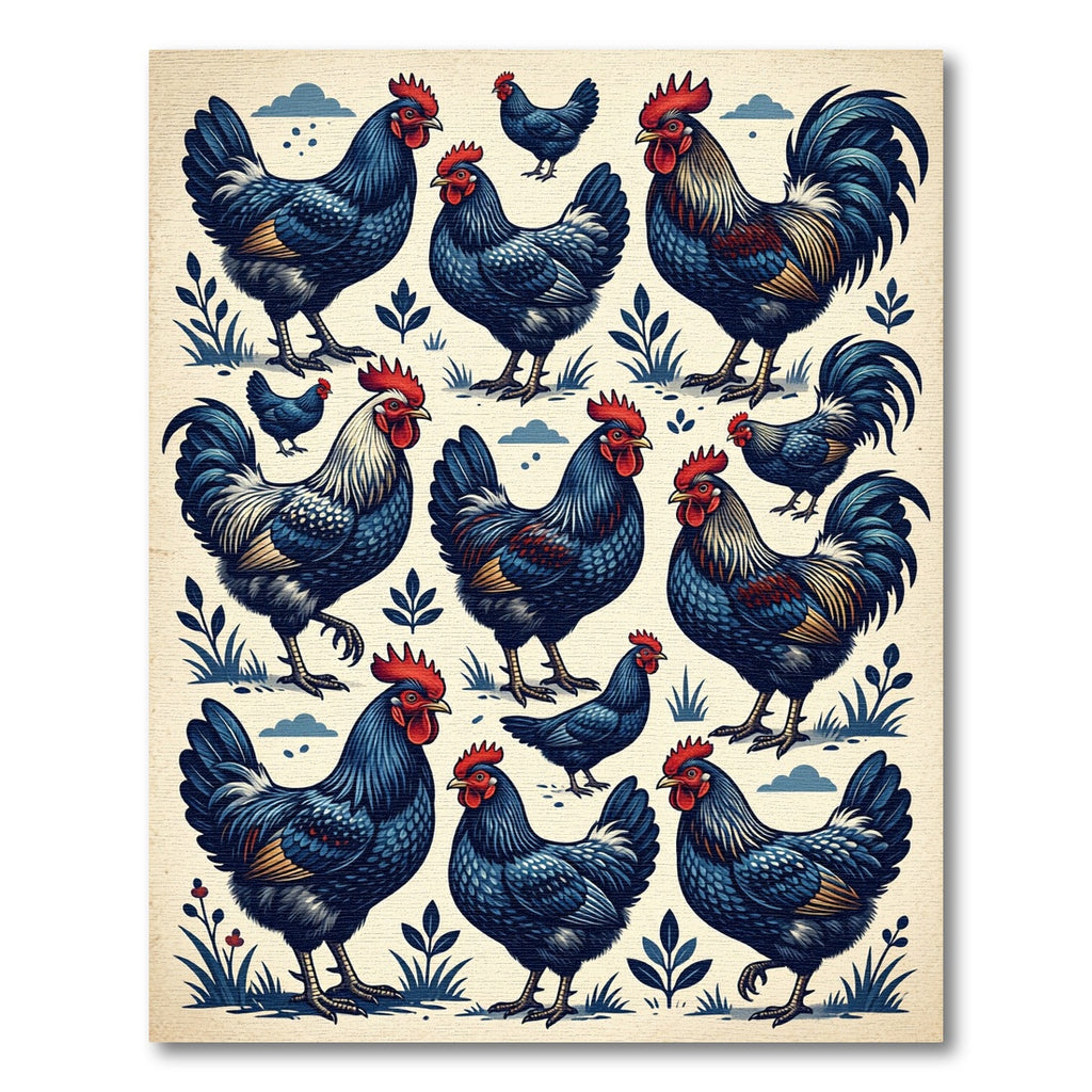 Vintage Indigo Rooster Farmhouse Art Rug