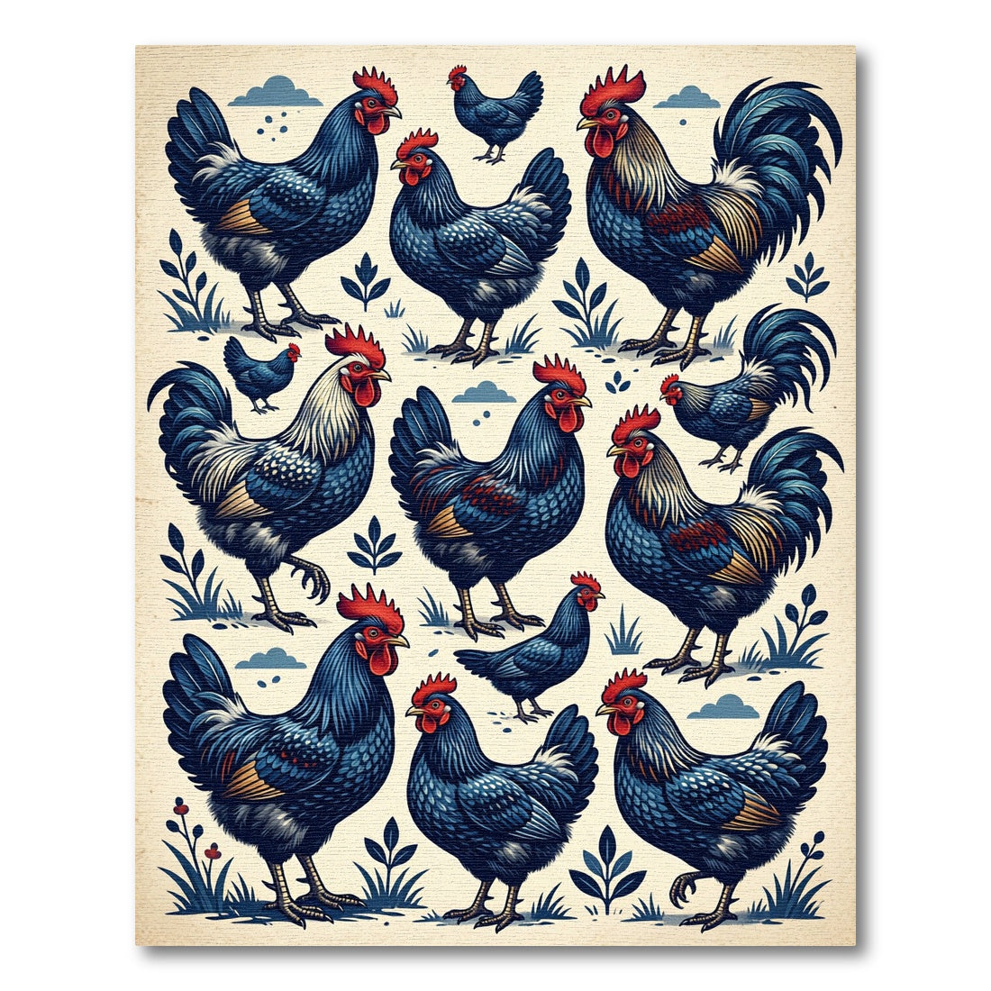 Vintage Indigo Rooster Farmhouse Art Rug