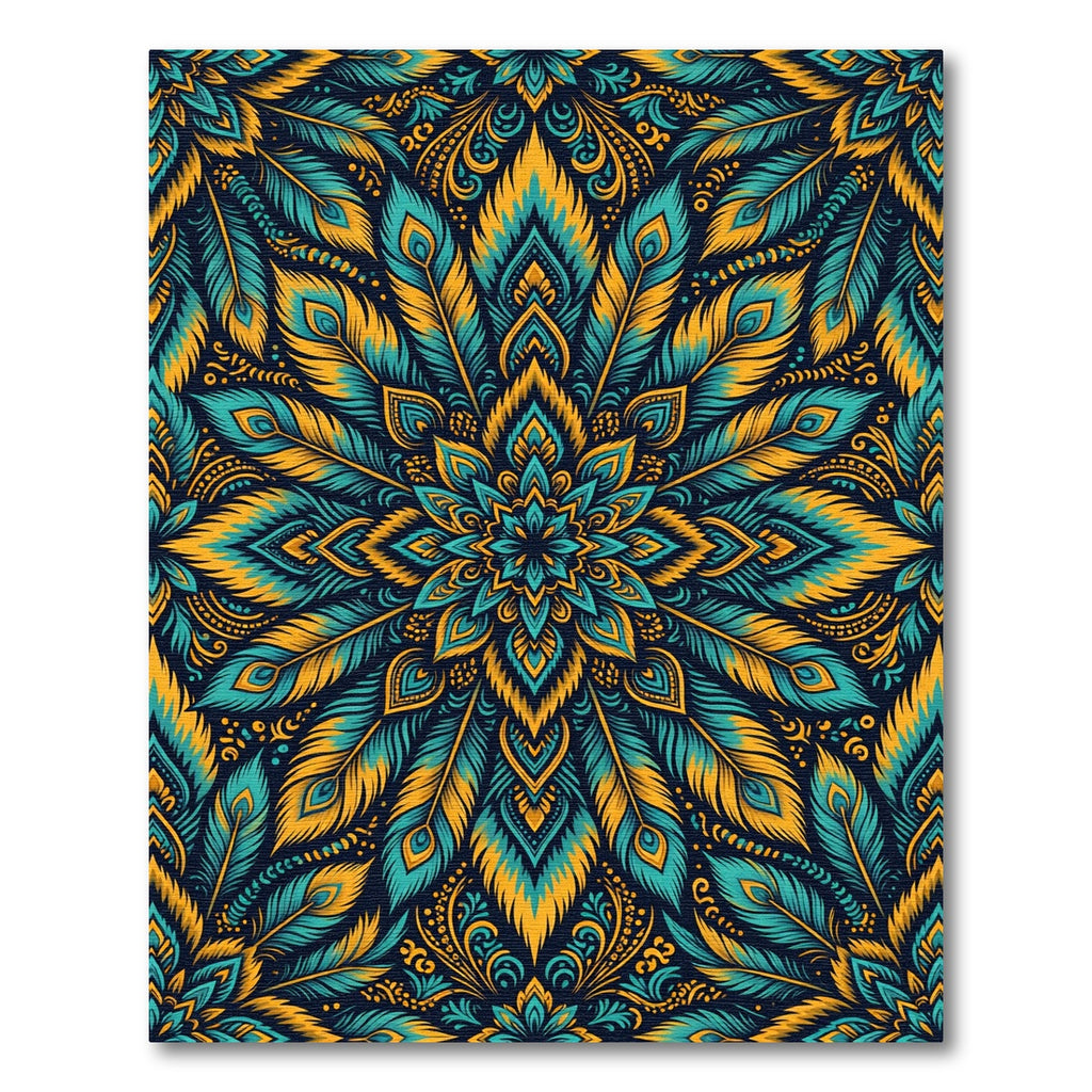 Turquoise Gold Peacock Feather Mandala Rug