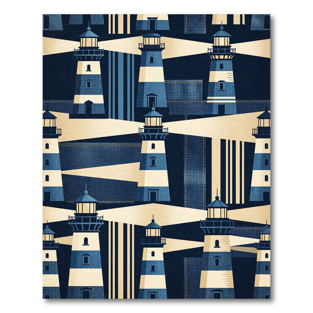 Classic Blue And White Lighthouse Pattern Rug