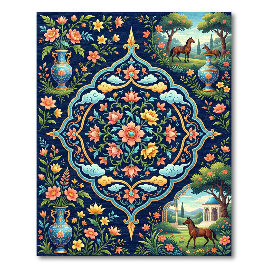Floral Garden Vase Horse Motif Rug