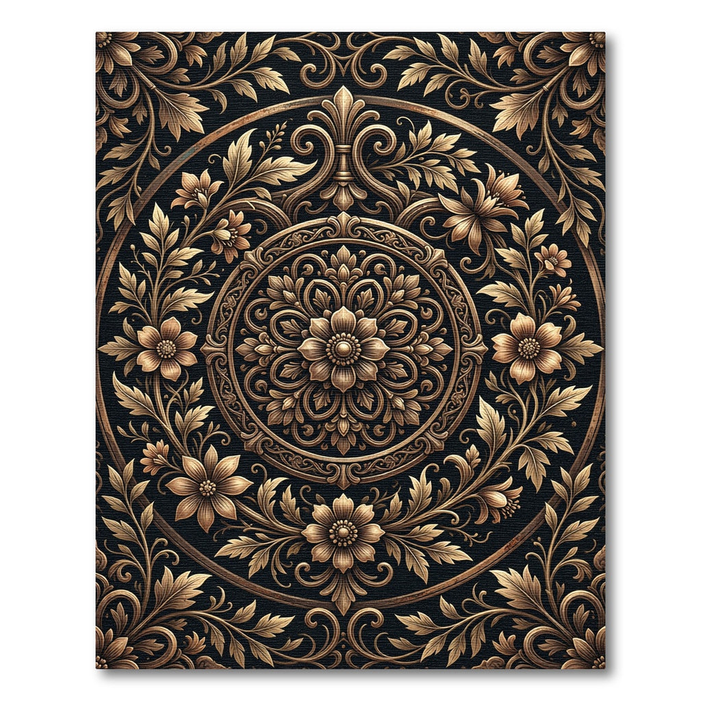 Ornate Bronze Floral Medallion Scrollwork Rug